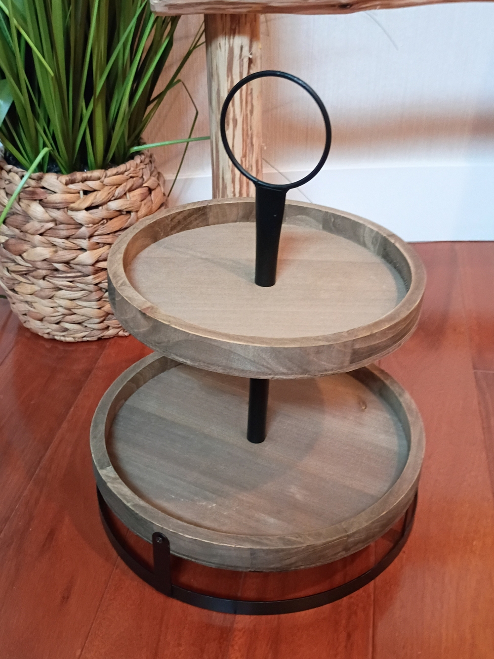 Two-Tier Wooden Serving Stand with Black Metal Handle - Brown
